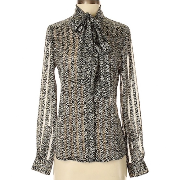 Pink Tartan Leopard Print Tie Neck Blouse Sz 0 XS - Picture 7 of 8